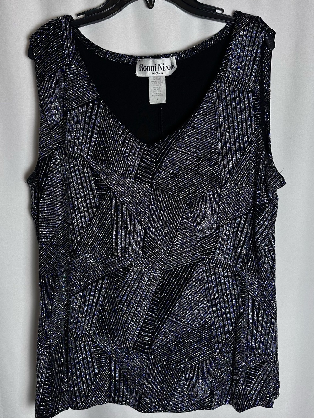 Vintage Ronni Nicole Metallic Glitter Geometric Sleeveless Party Top Black